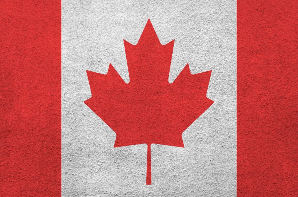 Canada flag depicted in bright paint colors on old relief plastering wall close up