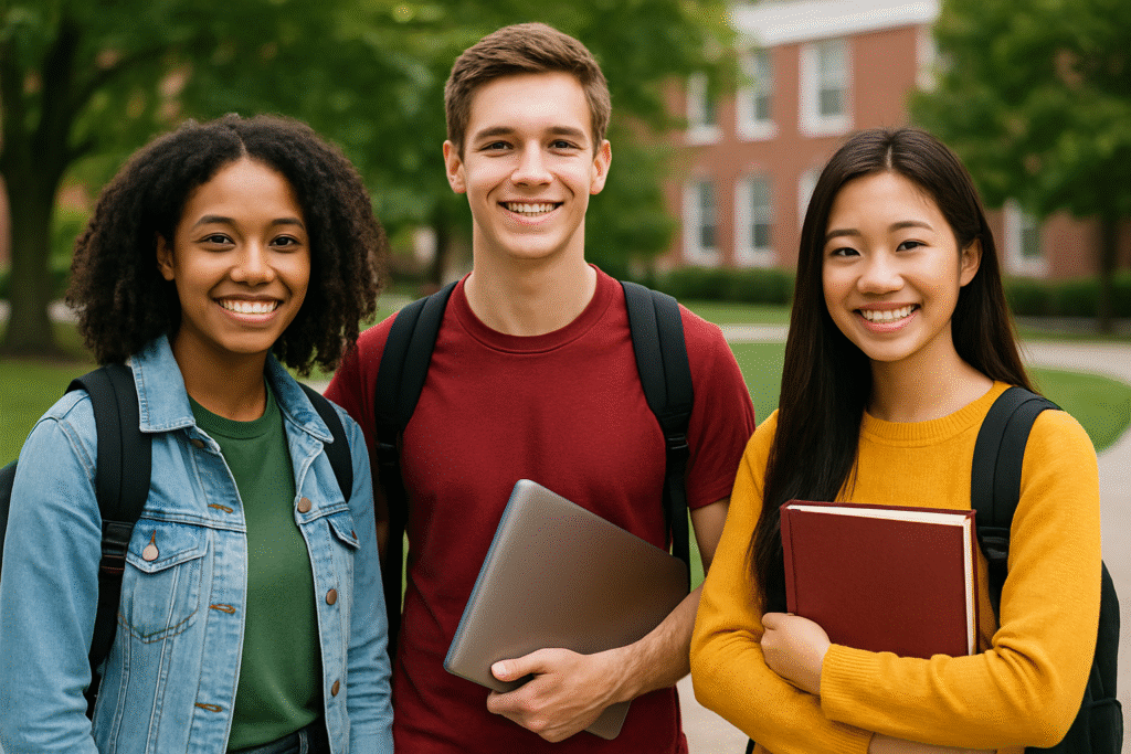 Four diverse university students standing together on campus, smiling and holding notebooks.