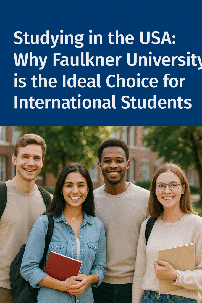 Group of international students smiling outside Faulkner University campus