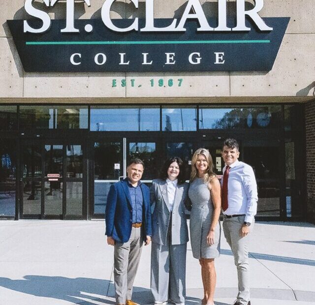 International students walking on the campus of St. Clair College, Windsor, Ontario