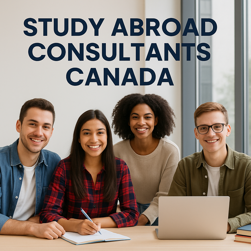 Four smiling students sitting at a desk with a laptop and notebooks, with a bold title reading 'STUDY ABROAD CONSULTANTS CANADA' in the background.